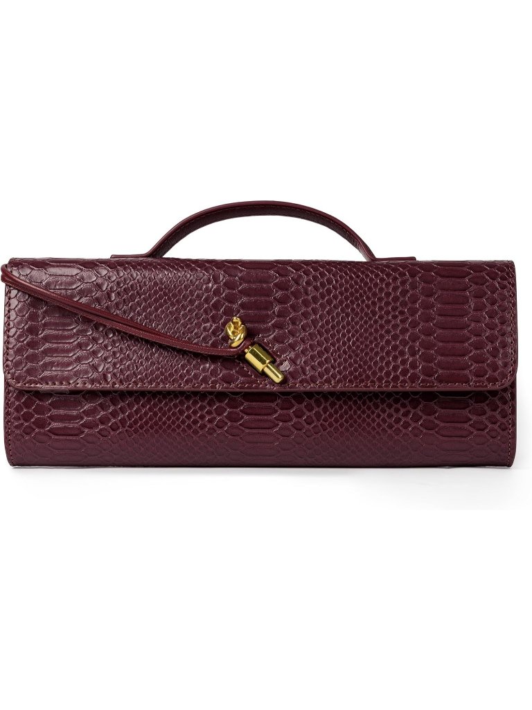 Women's Wine Croco Suede Leather Evening Clutch Crossbody Formal Handbag